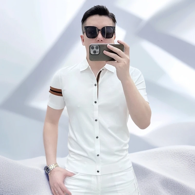 宾斯洛特新款条纹修身弹力薄款百搭翻领冰丝短袖T恤男半袖针织衫