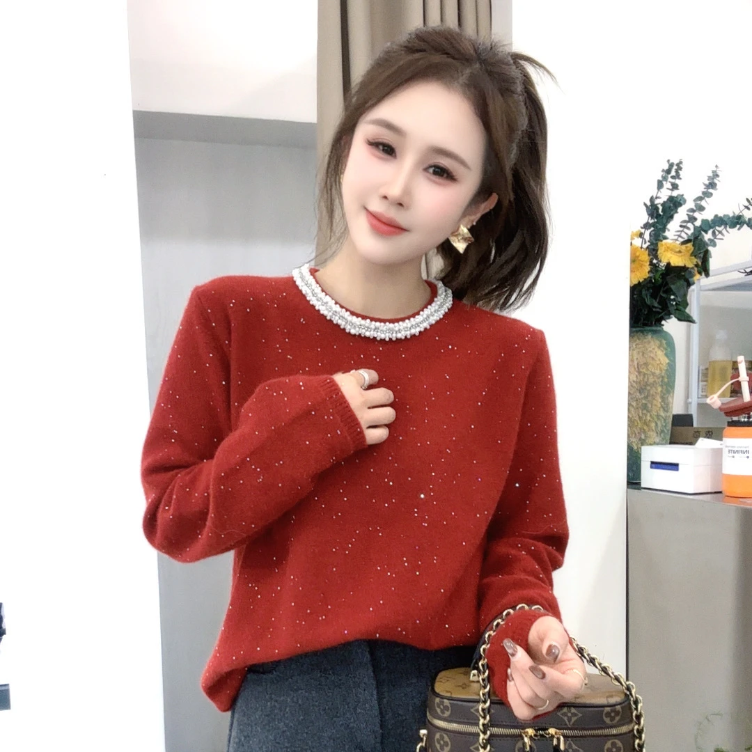 恰逢景梅子自留款冬季保暖气质加厚重工钉珠绵羊毛年货亮片毛衣女