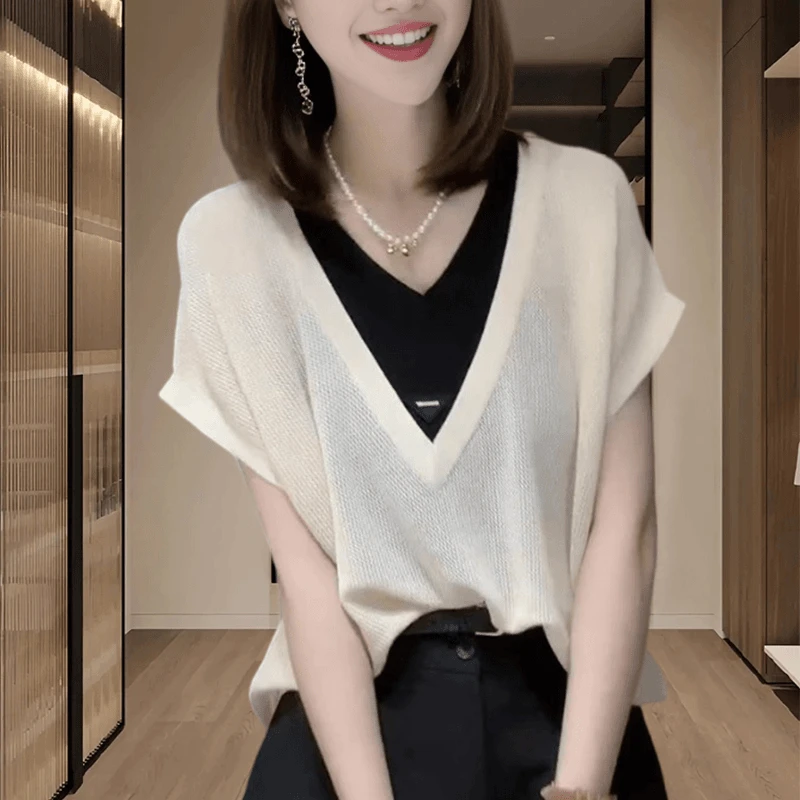 网红洋气炸街女装假两件短袖T恤爆款欧美上衣流行时尚潮牌夏穿搭