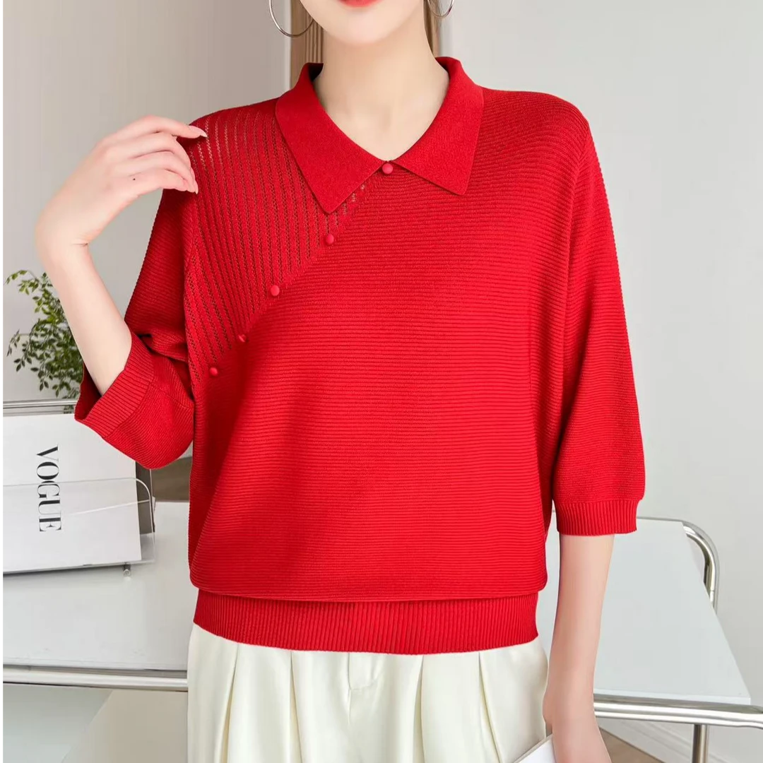 2025春季新款时尚斜扣款九分袖针织衫