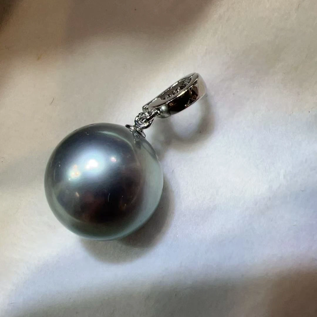 【紫绫展会】18K金  海水大溪地铂金灰吊坠 14-15mm