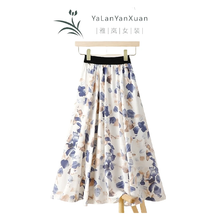【雅岚女装】时尚洋气显瘦春夏垂感油画大摆印花雪纺字半身裙女新款