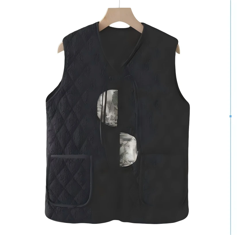 国风马甲整张白丝绵绗绣定位手工盘扣鹿皮绒刺绣贴片装饰 黑色