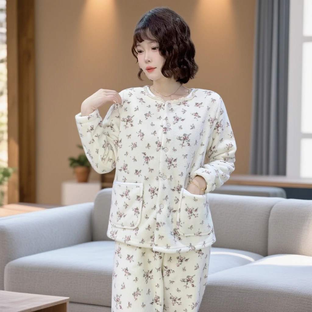 【瑜妹妹】2025秋冬田园小碎花花边领加绒家居服宽松休闲开衫睡衣女