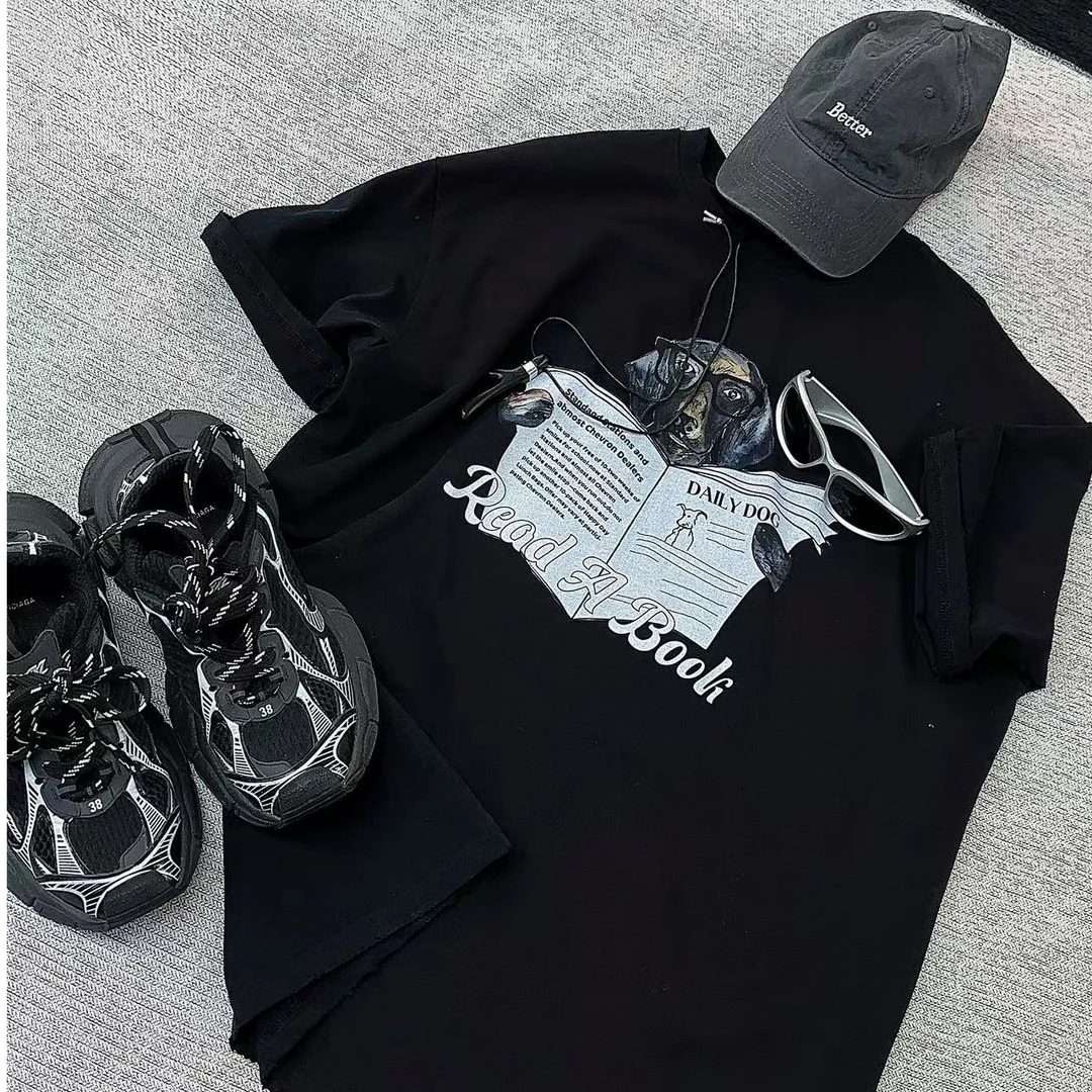 8135#欧货早春新款韩版ins破边工艺看书小狗子中长半袖T恤女