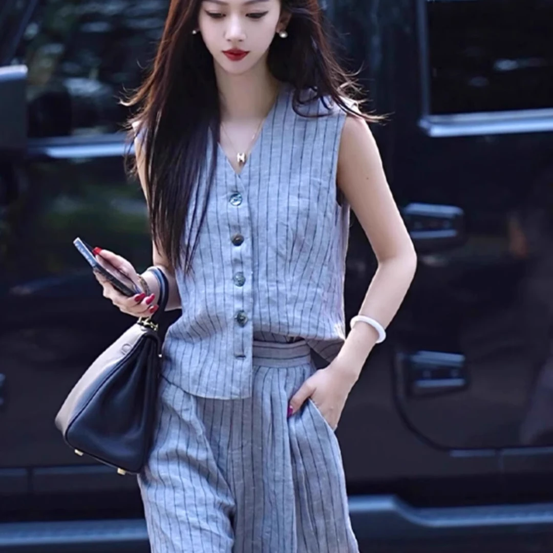 穿搭一整套女夏季港风时尚减龄高端小香风亚麻马甲裤子套装两件套