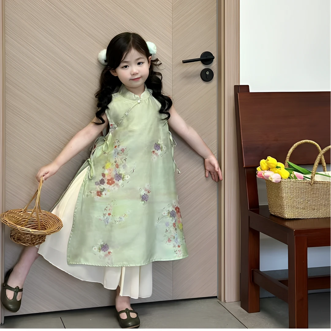 清 现货）新中式古风旗袍裙夏季儿童绿色假两件连衣裙印花汉服裙