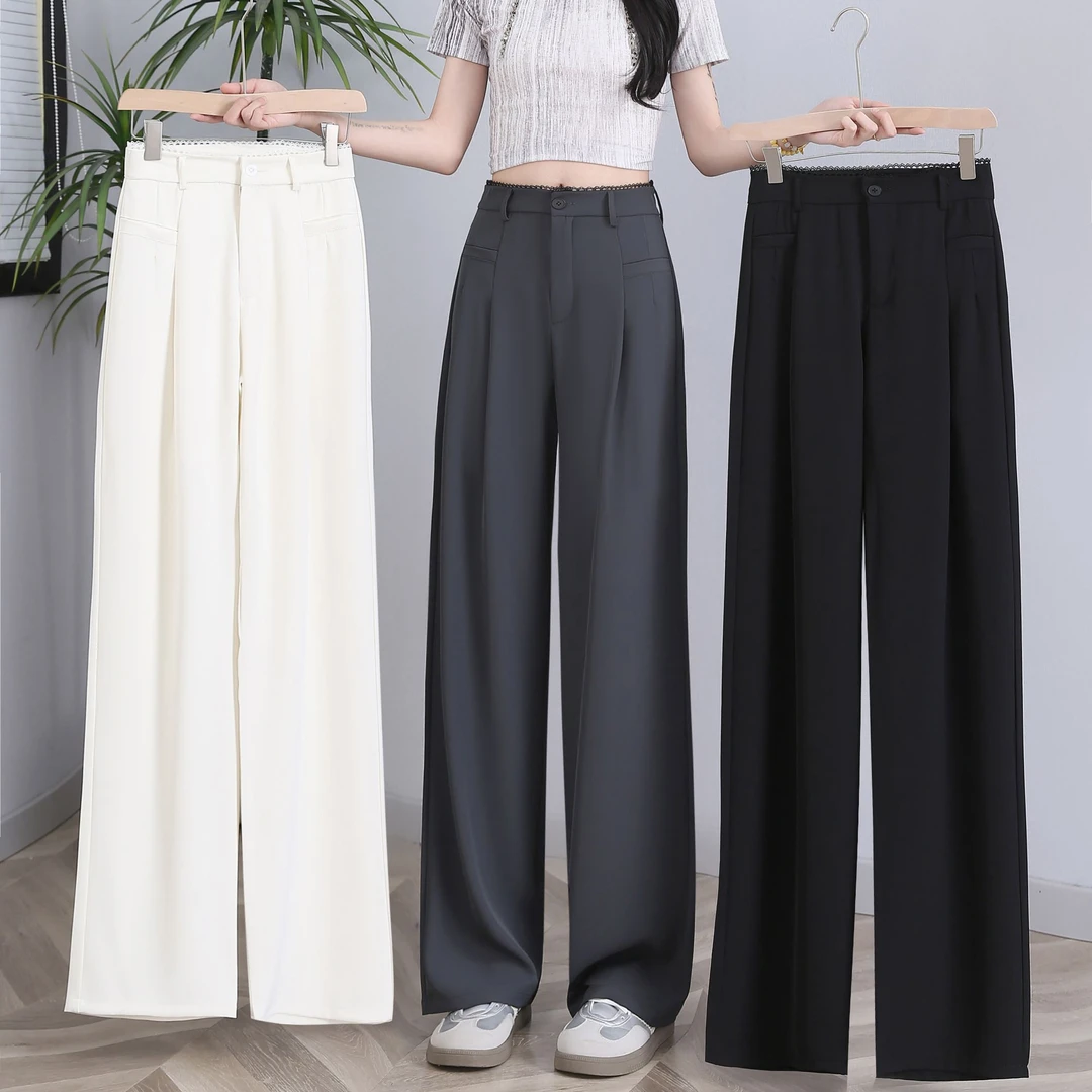 88W918新款蕾丝夏款垂感阔腿裤蕾丝直筒裤百搭宽松高腰胖MM