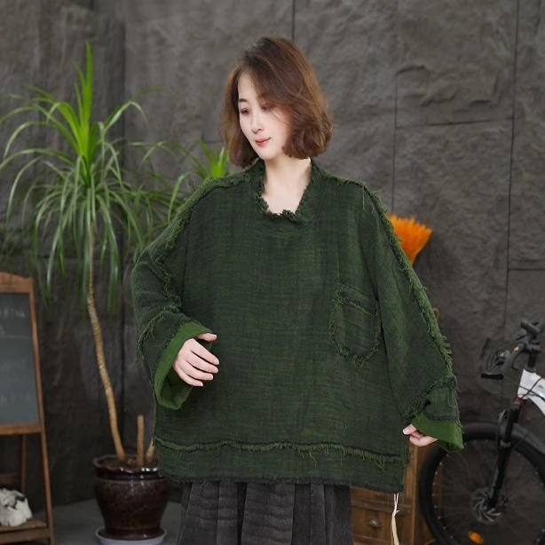 qq长袖女圆领休闲风口袋落肩袖T恤绿色提花秋季做旧套头上衣