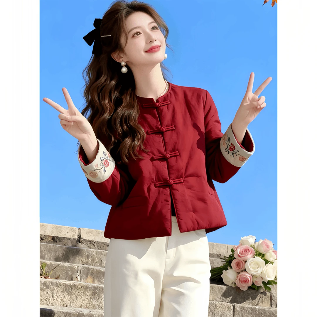 新中式国风盘扣棉服女2025复古风立领新款复古袖口简约红色外套潮