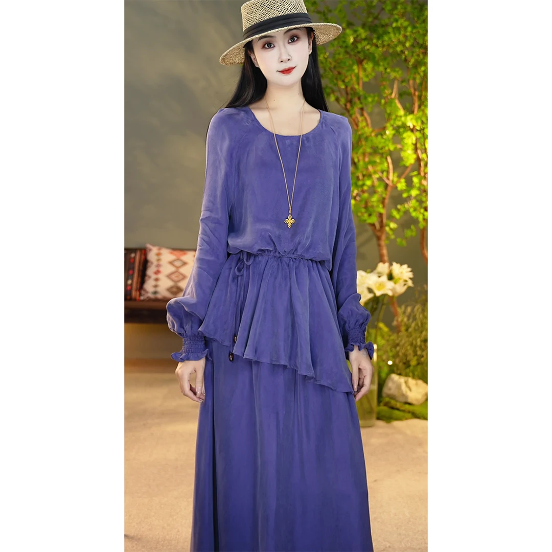 【陶子定制】早秋新款高端铜氨丝收腰上衣+半身裙洋气套装女5054