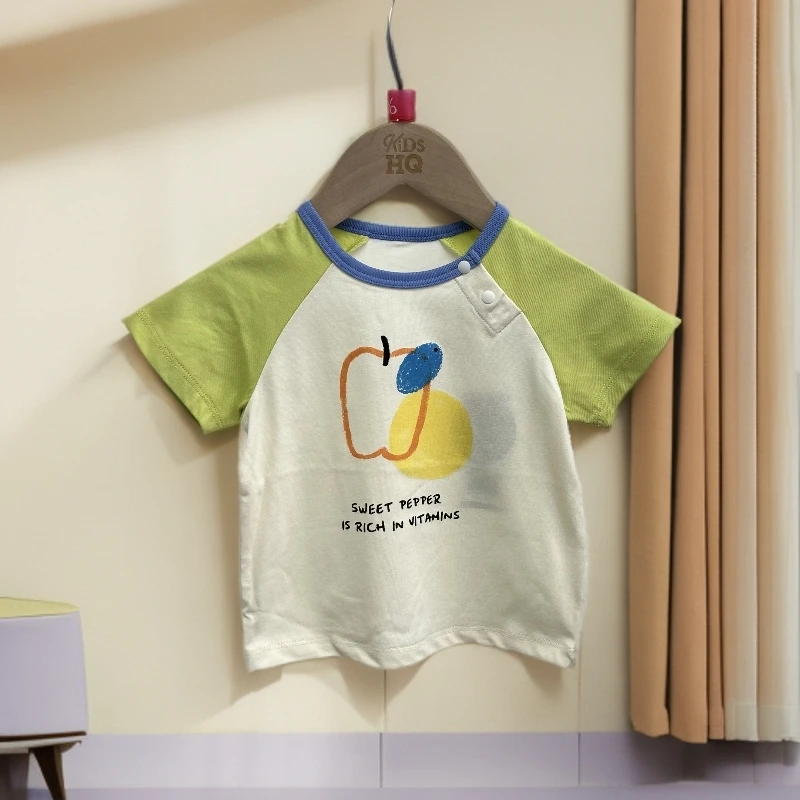 美家索罗纳夏季男童休闲拼接色卡通图案设计薄款T恤上衣儿童A3690