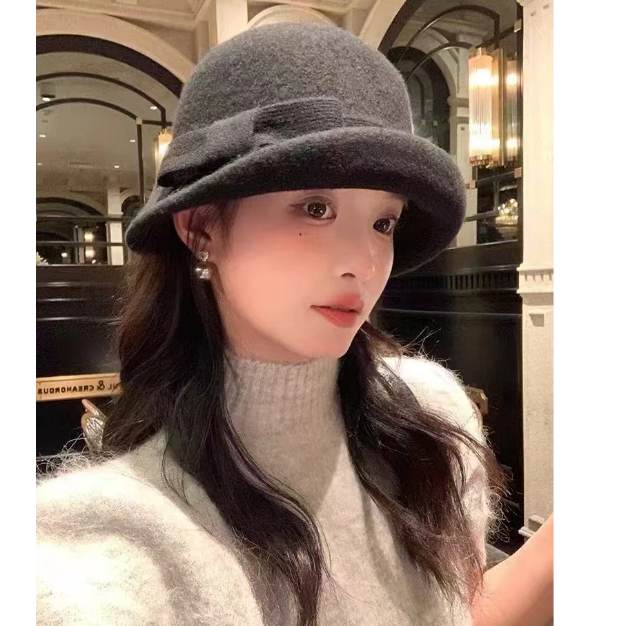 卷边羊毛礼帽女冬季高级感千金帽子时尚大头围显脸小渔夫帽盆帽