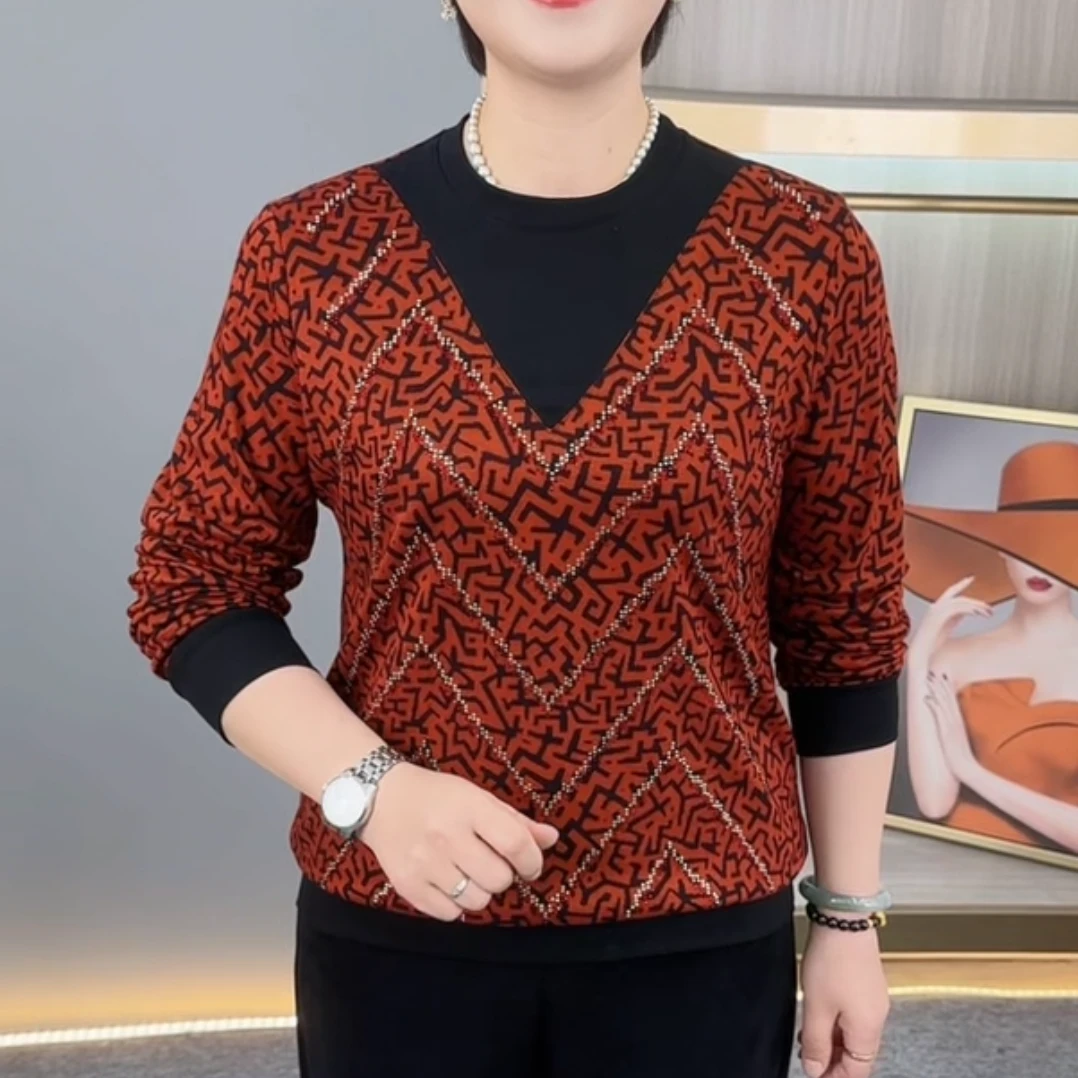 秋季新款时尚圆领假两件气质妈妈装休闲百搭减龄长袖上衣H9013