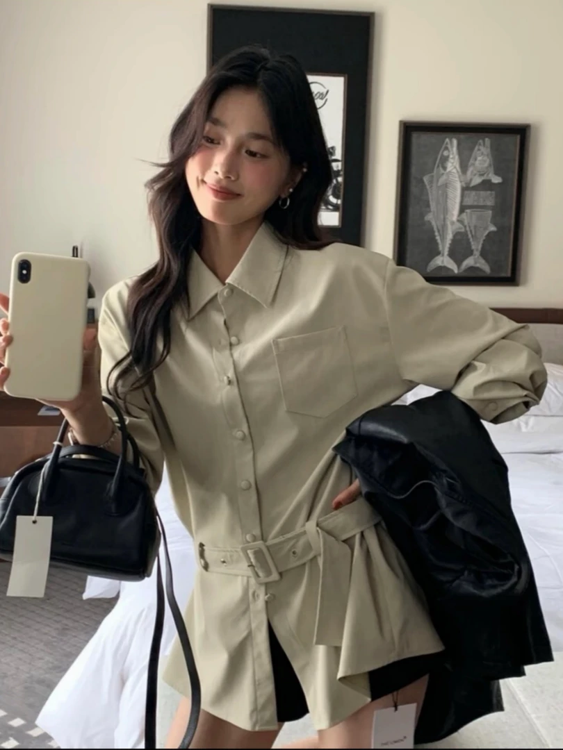 韩系宽松休闲高级感气质翻领pu皮衣衬衫女秋季收腰显瘦中长款上衣