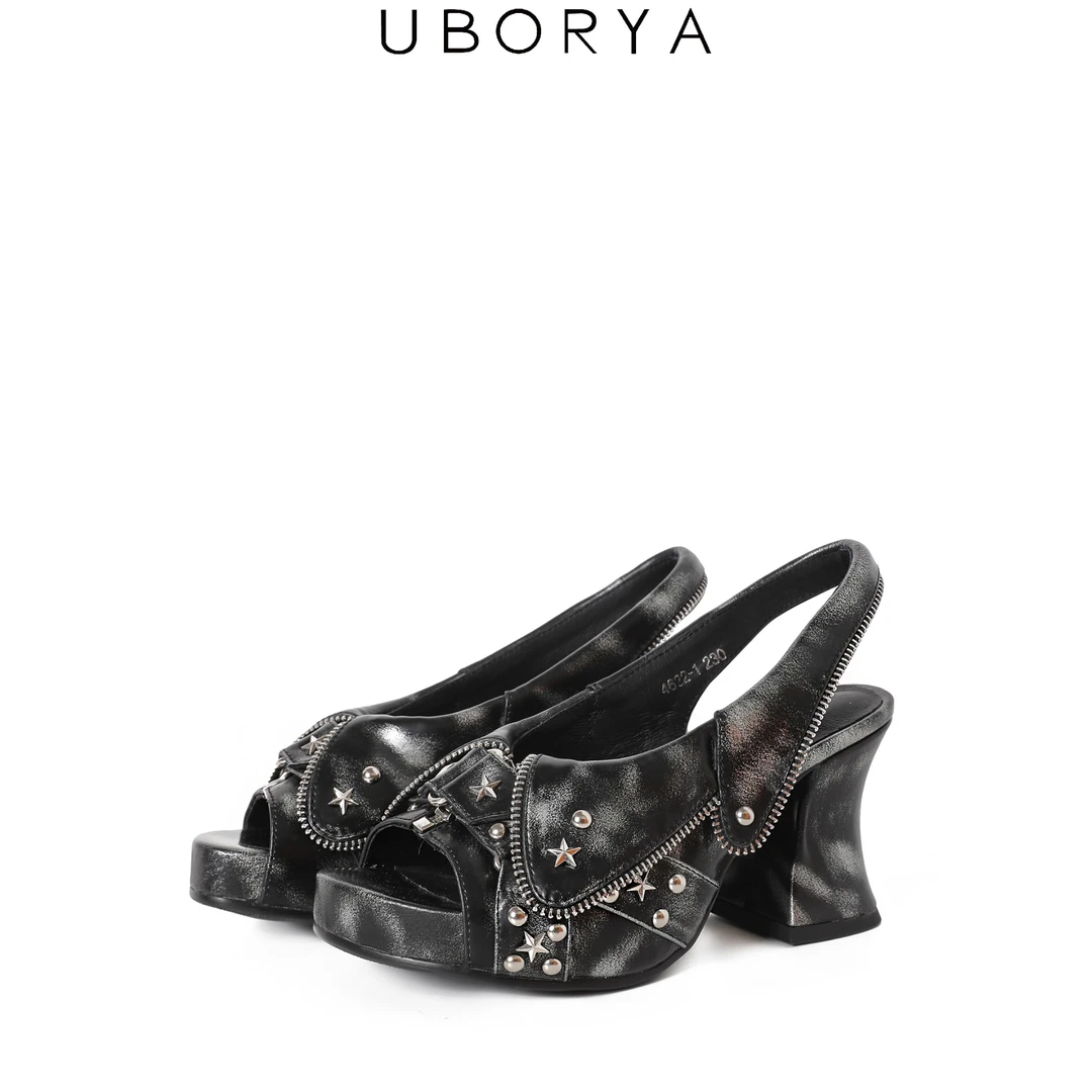 直播专属UBORYA原创漫画少女/暗夜靡梦朋克牛皮鱼嘴高跟厚底凉鞋