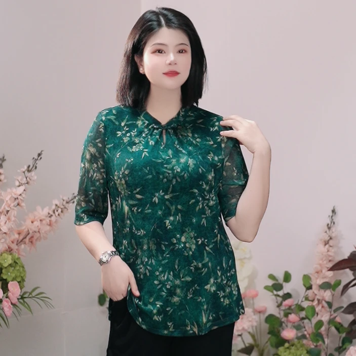 司缪【W5581】轻奢大码女装新中式妈妈装小衫中国风高弹旗袍领上衣