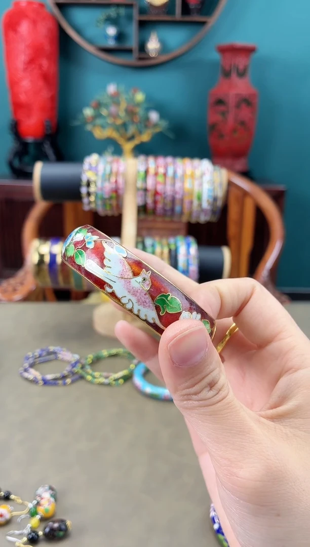上**诺非遗工艺 景泰蓝花鸟开口手镯 砖红