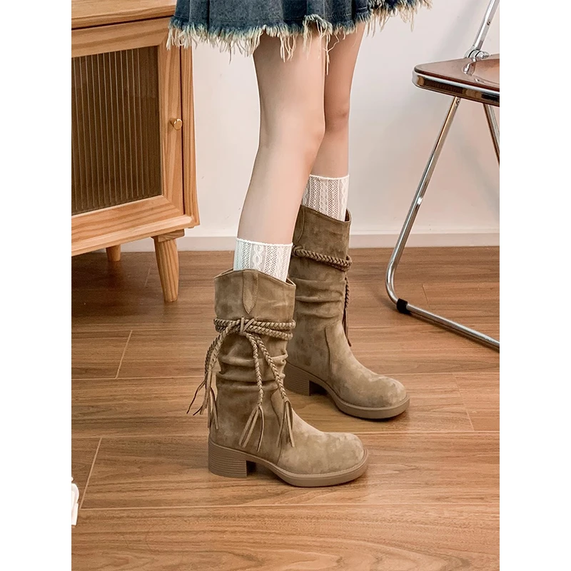 牛皮版~厚底靴子女磨砂流苏麻绳废士复古美拉德骑士靴粗跟中筒靴