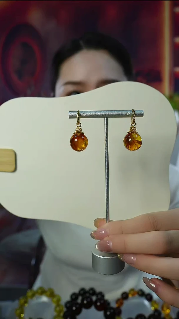 琥珀银S925镶嵌耳饰15mm+俄罗斯花珀耳环