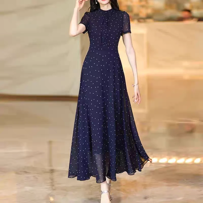 品牌专柜夏季连衣裙长裙立领小波点藏蓝色法式显瘦A1800515