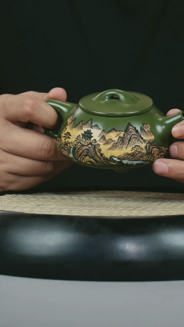 茶壶紫砂 绿泥 景州石瓢 彩刻山水