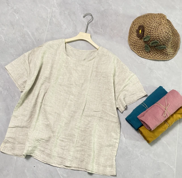 镜板纯色亚麻圆领上衣