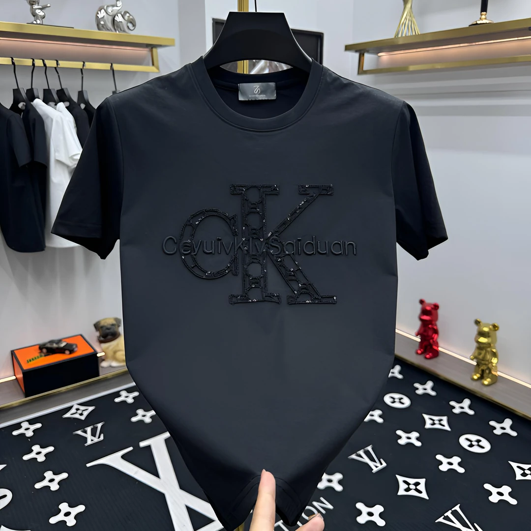 韩版修身半袖圆领T恤夏季轻奢贴补刺绣男生短袖男士衫时尚8887