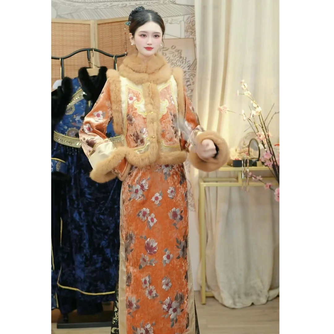 【羽唐名·金风玉露】冬季国风加绒橘色新中式女装套装（B075+B085）