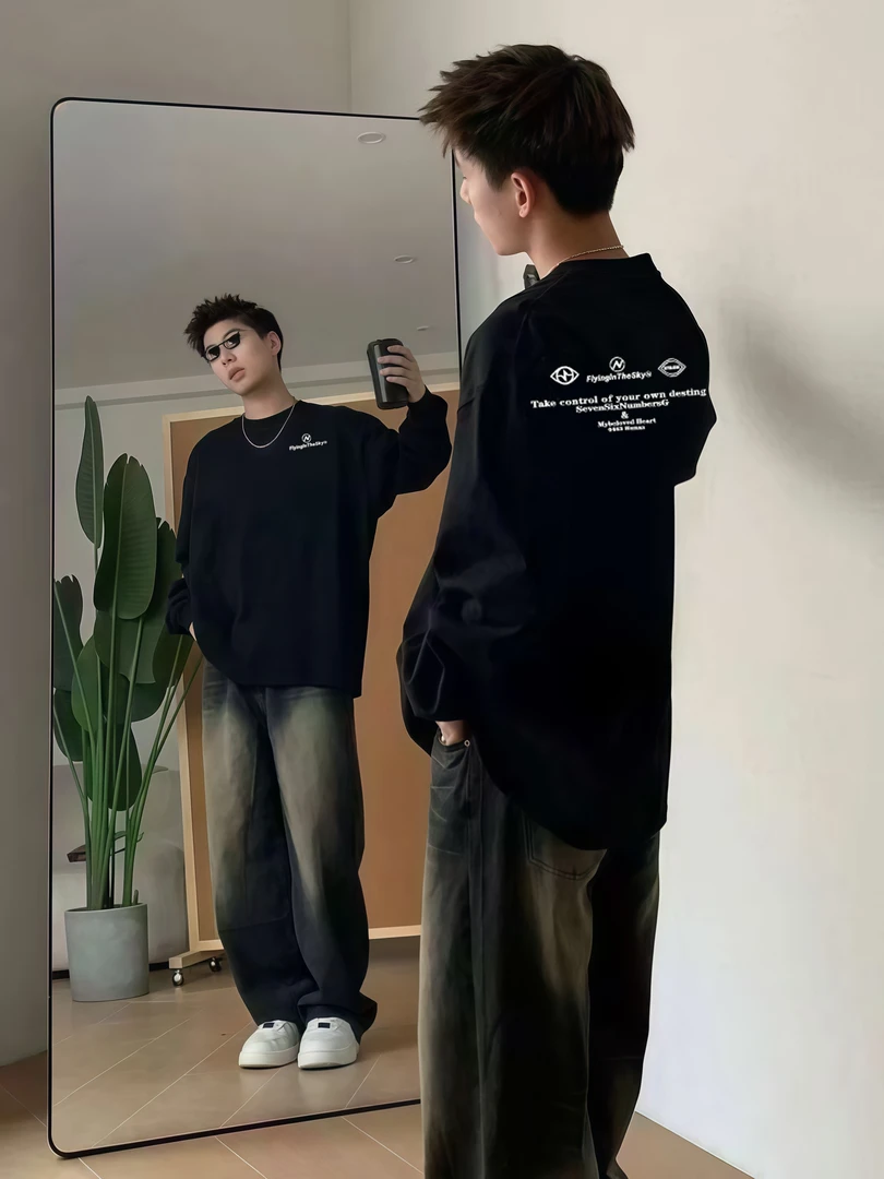 秋冬长袖重磅纯棉高街潮牌T恤百搭宽松男生圆领休闲i美式ns打底衫