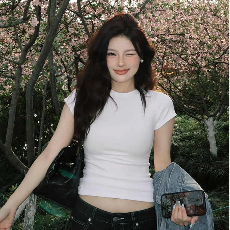 白色正肩短袖t恤女2025新款夏季基础内搭半袖修身小众设计感上衣