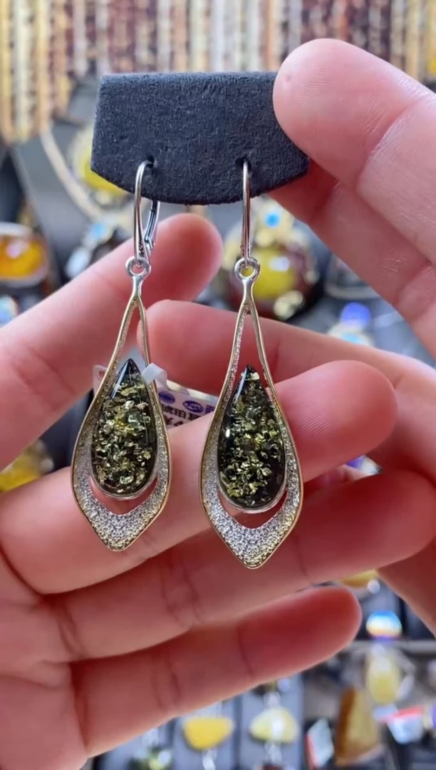 银S925镶嵌琥珀耳饰绿珀耳环