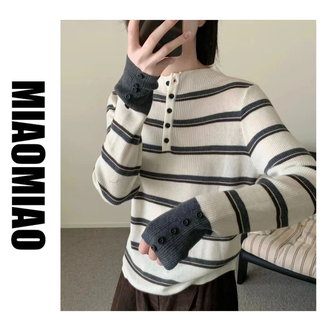 【大码】1491港风撞色条纹半高领针织秋冬新款修身显瘦内搭毛衣女