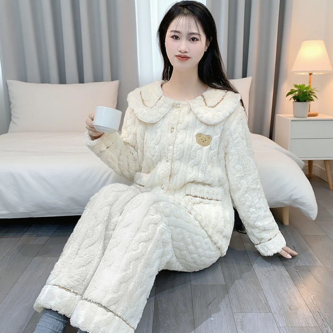 2025新款加厚睡衣秋冬季翻领法兰绒开衫可外穿女士家居服套装Y91