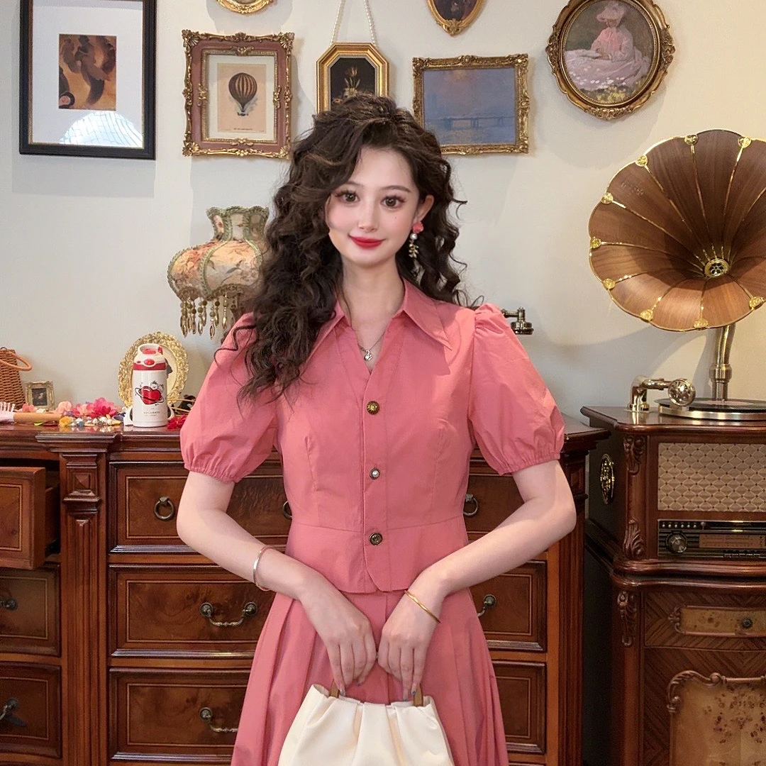 专场【一生罗曼】别致通勤翻V领短袖洋气衣服女衬衫Y3363红色上衣