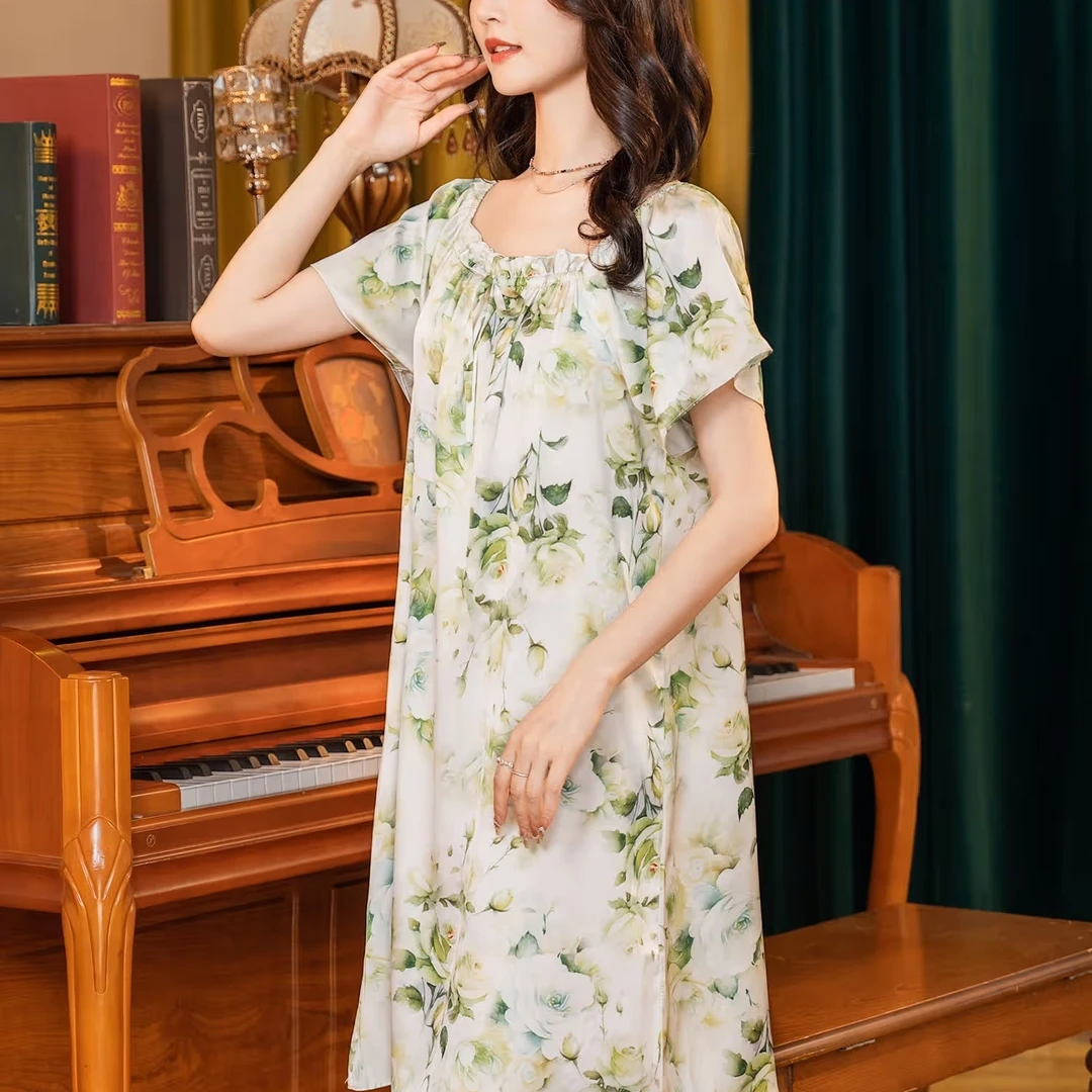 达芬奇密码绿色碎花短袖显瘦高级感睡裙家居女款爆款2025新款