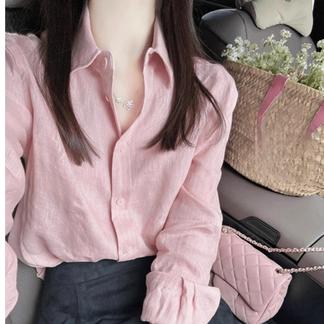 法式粉色翻领长袖衬衫女2025早秋季新款气质小衫别致衬衣外套上衣