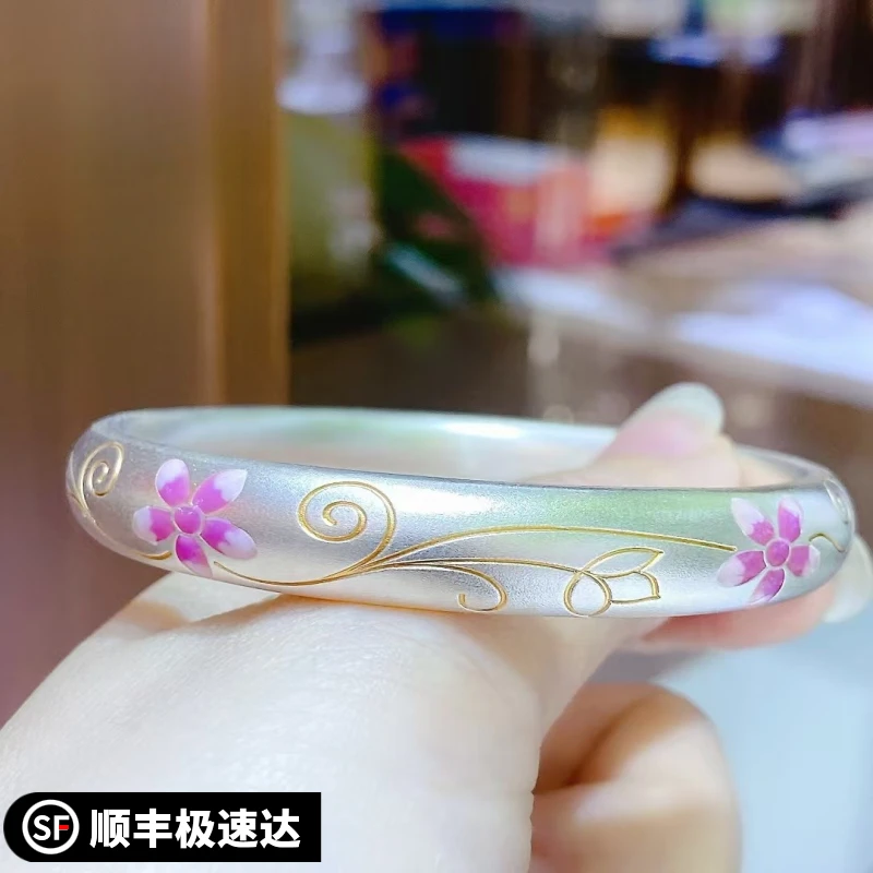足银手镯 银9999描金珐琅三朵梅花手镯银闭口高级感时尚百搭