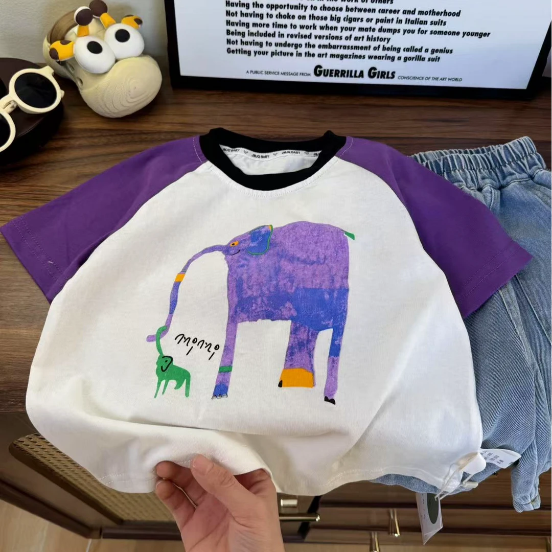 YM【JMJQ 20283】夏季儿童趣味短袖手绘小象撞色插肩袖上衣短袖