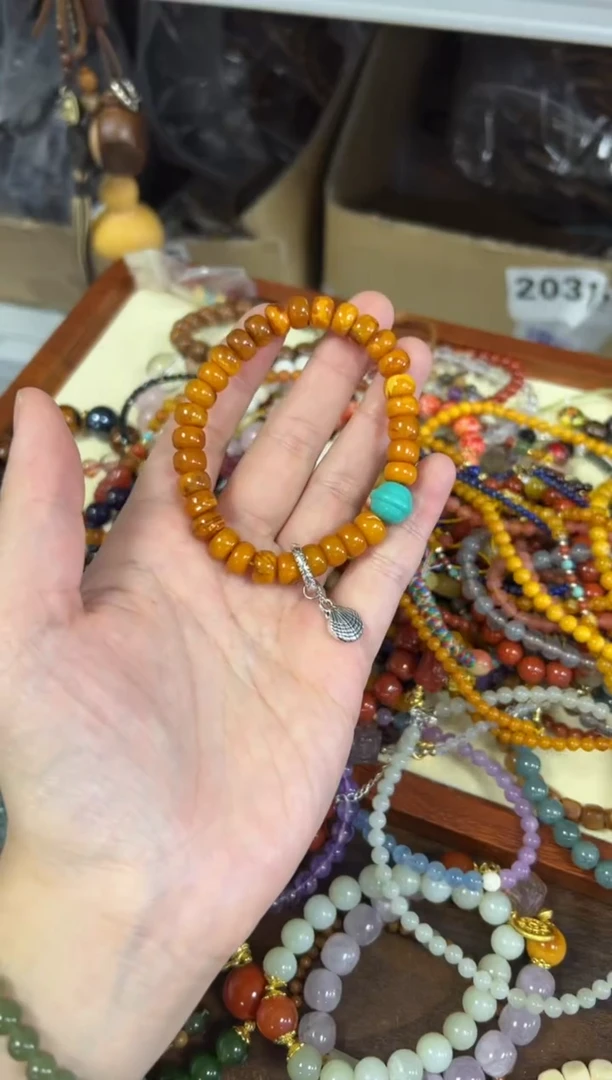 未镶嵌蜜蜡手链老蜜蜡风化纹算盘珠款手链[1201]