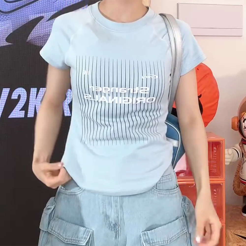 美式复古字母印花圆领正肩短袖T恤修身显瘦上衣C5374