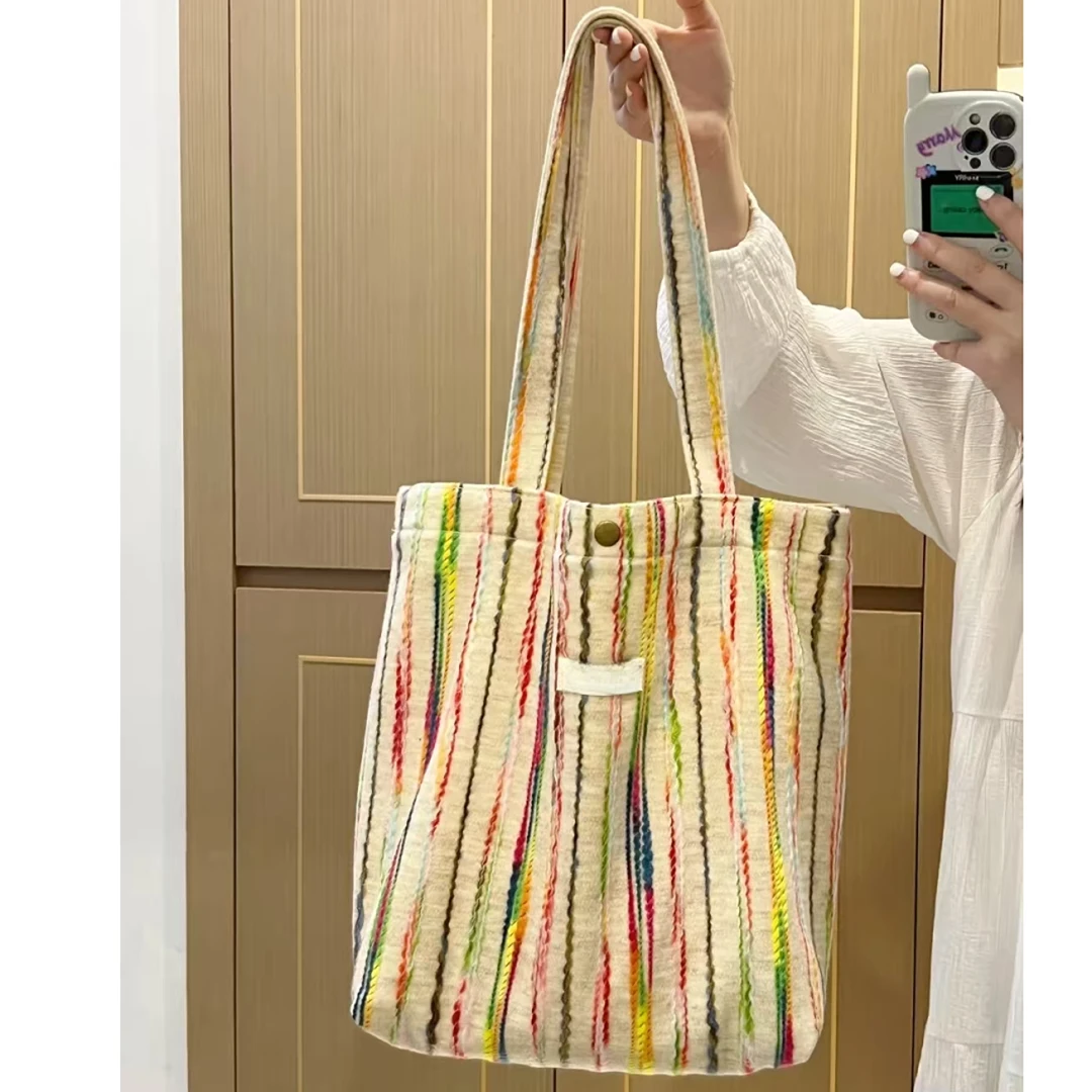 托特包提花格子分层款条纹单肩包时尚小众肩包百搭休闲通勤布包