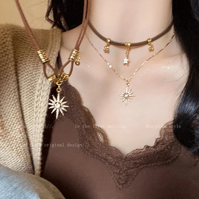 合金项链 美拉德太阳星星项链女款轻奢复古卫衣链甜酷风毛衣链潮