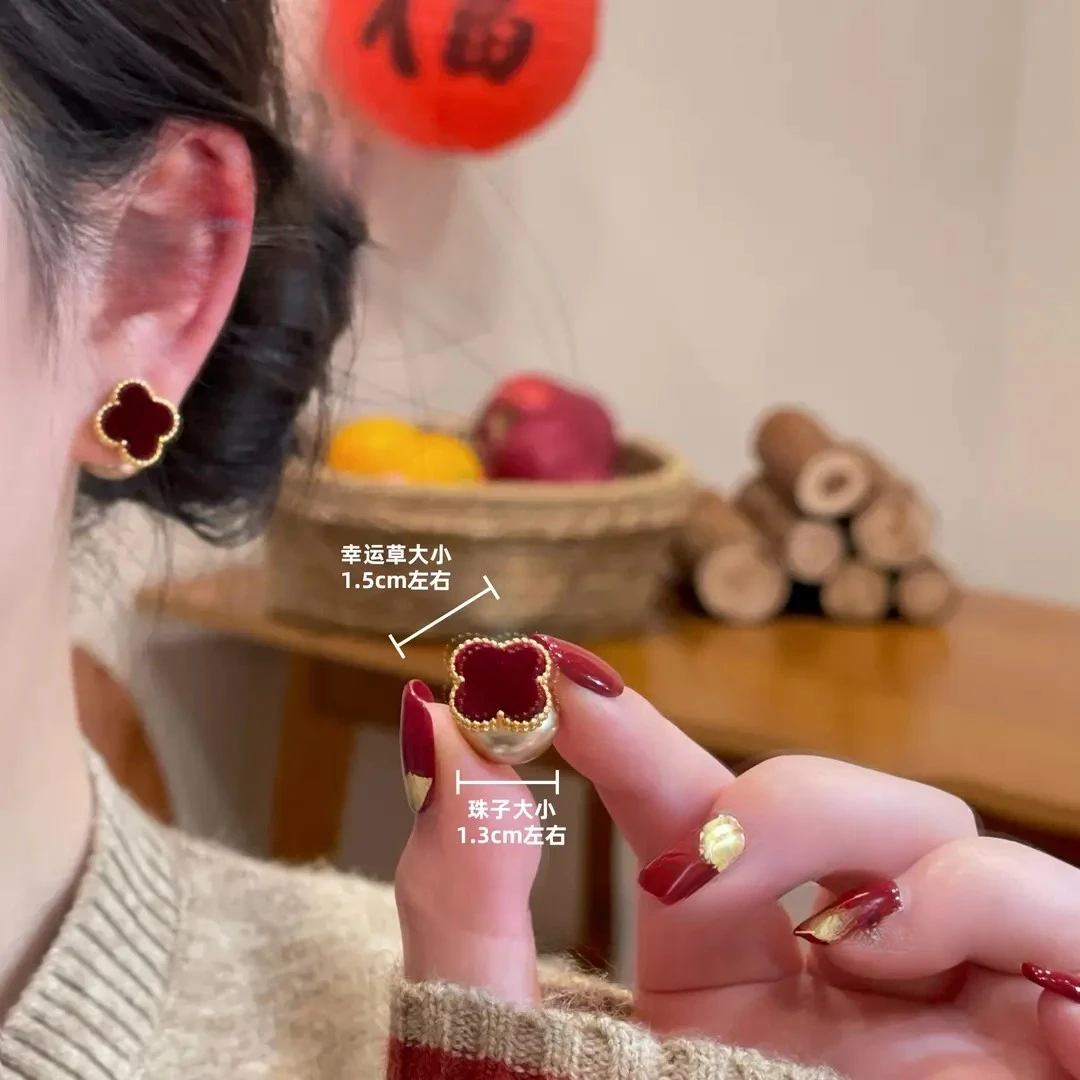丝绒质感红色幸运草珠珠耳环前后两戴一款多戴耳饰轻奢小众高级感