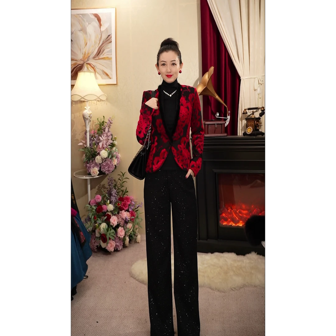 《丹尚爱》黑色夜曲冬季加厚亮片直筒裤宽松百搭显瘦法式优雅阔腿裤