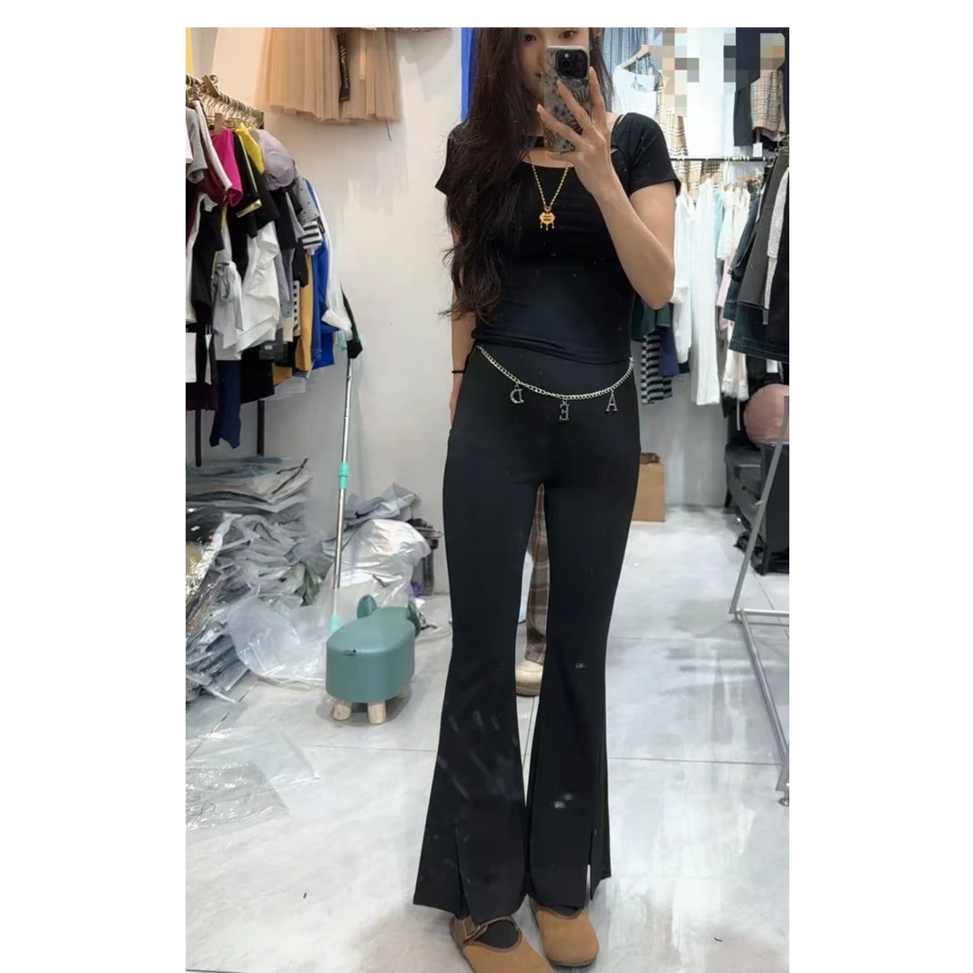 链条裤子女2025新款微喇叭裤高腰开叉休闲裤弹力马蹄裤长裤