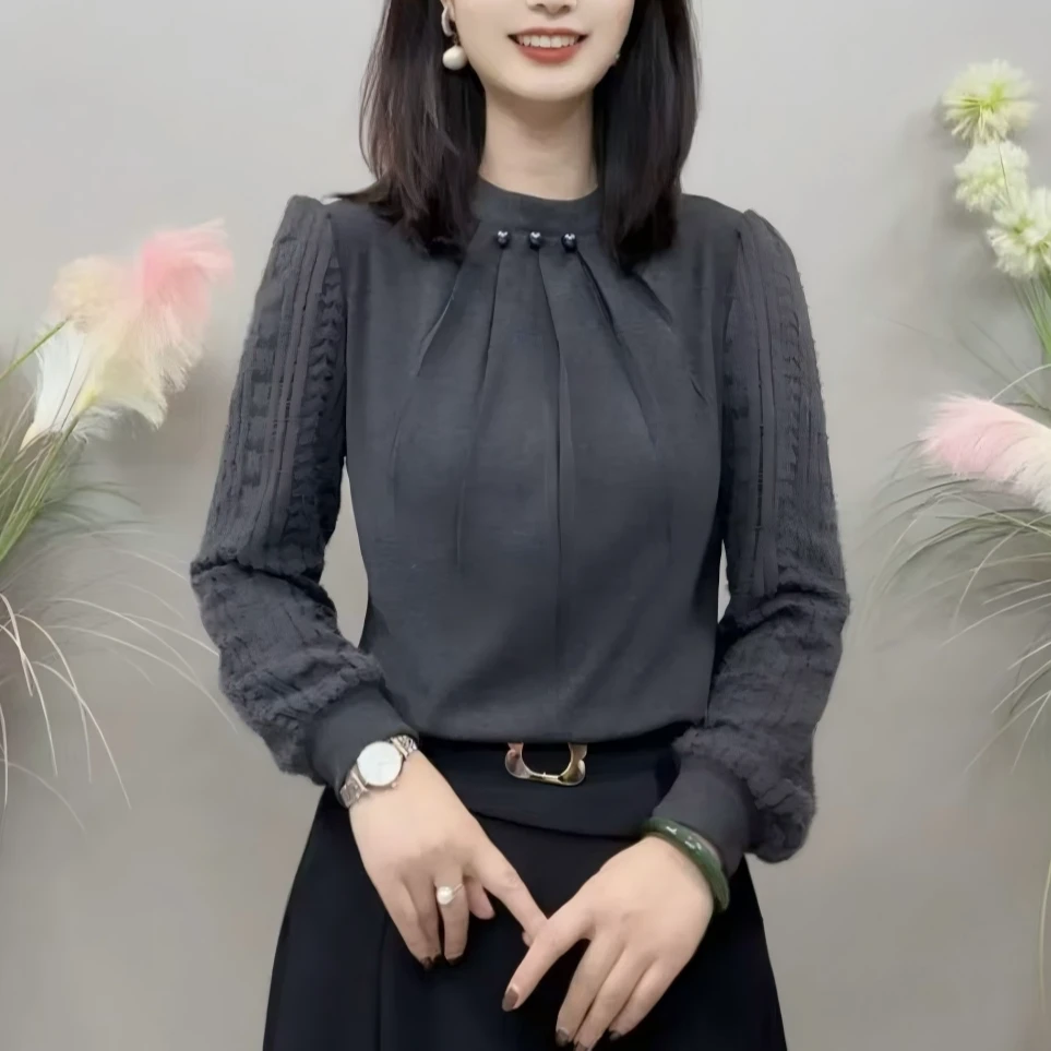 秋季新款纯色三粒珠子设计感气质百搭衬衫女长袖洋气显瘦时尚上衣