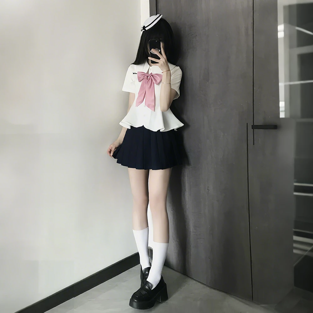 原创JK白衬衫【小桜】日系学院风夏季短袖女圆领收腰制服百褶裙套装