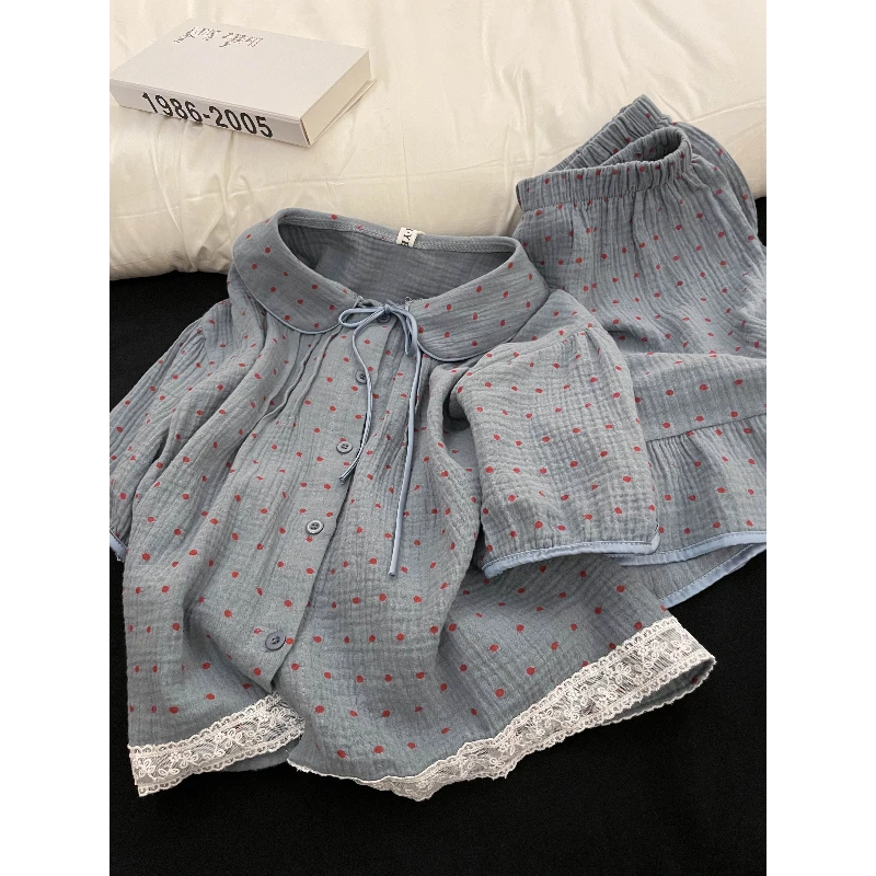 【波点印花】双层棉纱短袖睡衣女款爆款2025新款夏娃娃领家居服套装