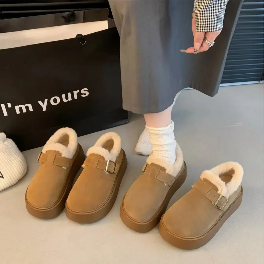 牛皮勃肯鞋女冬季加绒保暖加厚一脚蹬毛毛鞋W-8-TG